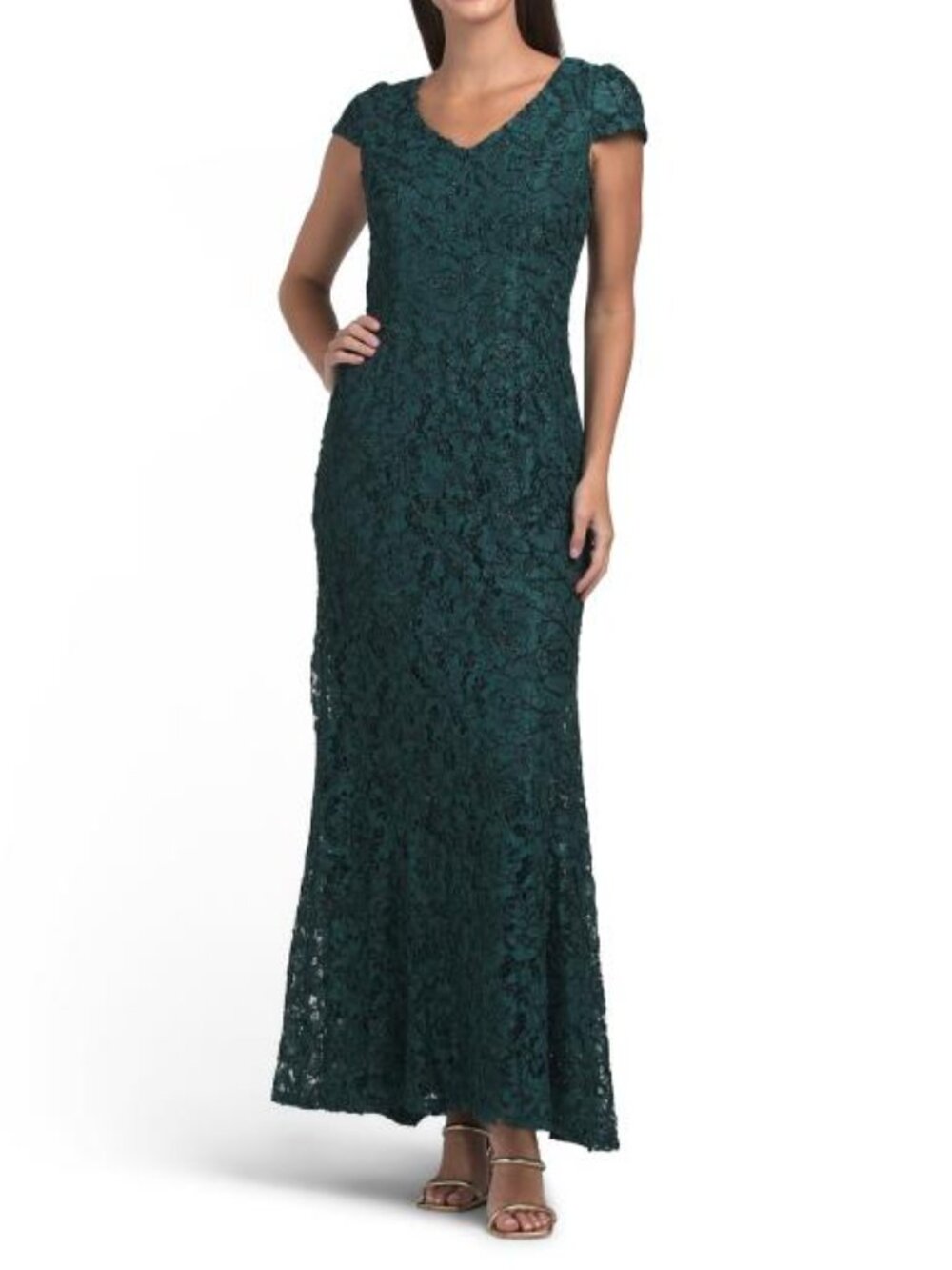 ALEX EVENINGS Long V-neck Fit And Flare Dress With Tinsel Corded Detail
